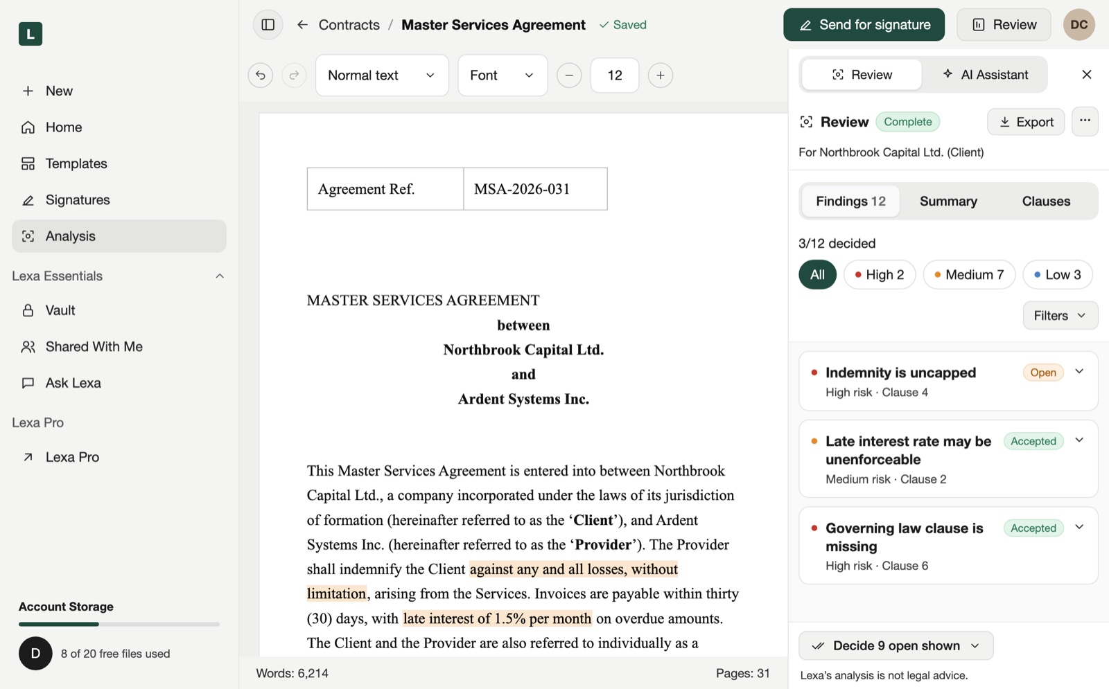 Contract review panel listing risk findings by severity next to the highlighted clauses