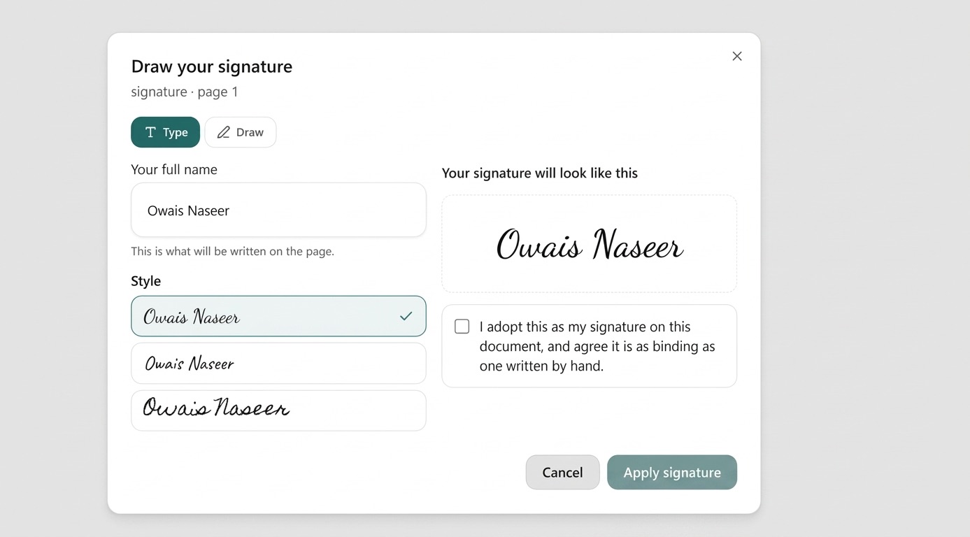 Signature dialog where the signer adopts a typed signature as legally binding